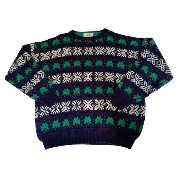 Blarney Woollen Mills Sweater XXL Navy Fair Isle Knit Irish Clover Lucky Ireland - Picture 1 of 8